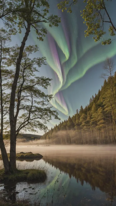 An ethereal landscape bathed in the soft, golden glow of a waning sun, where the iridescent Northern Lights dance above an ancient, mist-laden forest, reflecting in a serene, crystal-clear lake