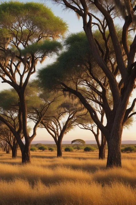 A portrait-style depiction of a vast, sunlit savannah showcasing the intricate textures of golden grasses and distant acacia trees, all bathed in the warm hues of a late afternoon. (((sunlit savannah))) (((golden grass textures))) (((distant acacia trees))) (((late afternoon hues))).