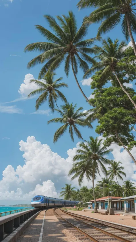 landscape, train station, train, coconut tree, bokeh, anime style, beach, cloudy, blue sky, 8k