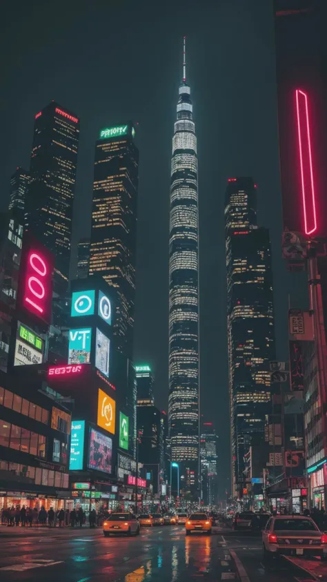 A cyberpunk metropolis shrouded in perpetual neon rain, with skyscrapers piercing the sky, casting kaleidoscopic reflections on the slick, chrome-coated streets bustling with mechanized life