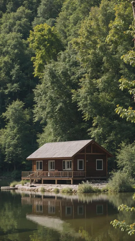 a house is reflected in the water of a lake, canon 5d mark iii photo, wlop : :, summer camp, wide shot of a cabin interior, by Henrik Weber, lush landscaping, canon 5d 50 mm lens, baris yesilbas, dramatic photograph, peacefull