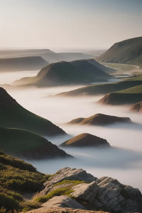 A coastal landscape portrait illustrating the fine details of a rugged shoreline, where waves meet weathered rocks under the soft, diffused light of a misty morning. (((coastal landscape))) (((rugged shoreline))) (((weathered rocks))) (((soft misty morning light))).