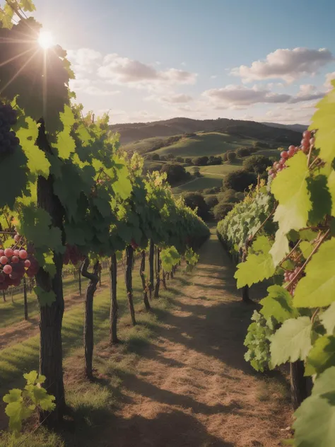 A sun-kissed vineyard, rows of ripening grapes under gentle rays, casting an amber hue over the landscape, captured in a cinematic frame, accentuated by 8K resolution, using a Canon50 lens for ultradetailed portrayal (realistic textures:0.8, vibrant colors:0.7).