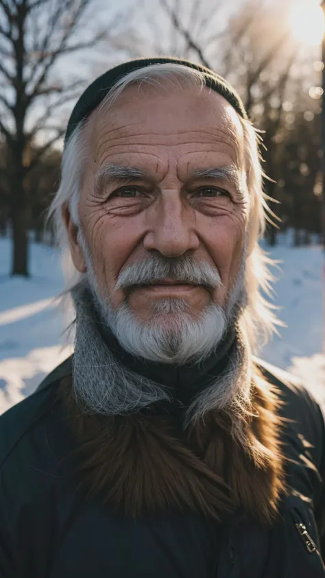 Photo of an elderly man from Siberia with a full beard during a cold day. The sunlight beams onto his face, emphasizing the ice that has formed from his breath in his beard. He exudes a feeling of satisfaction. Portra 800. Analog light leak.