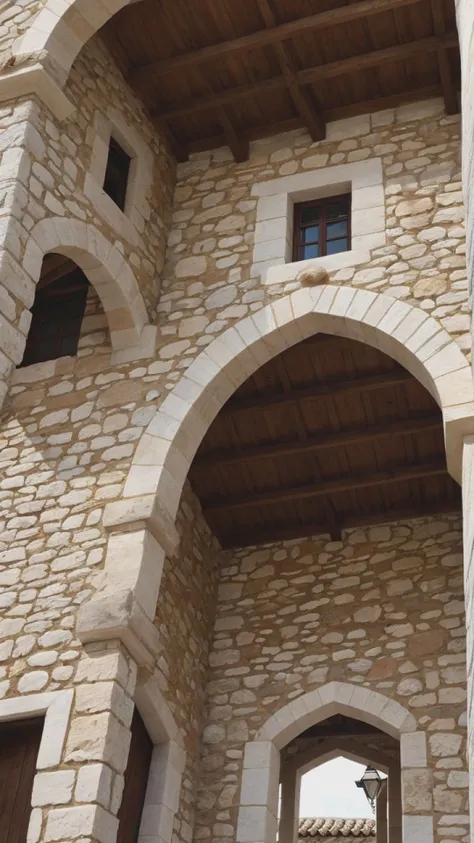 Build, in the style of the popular style houses of the towns of southern Spain, very rustic construction, made of stone and with whitewashed favha using white and light blue in its decoration. Stone roof. Impossible architecture. High contrast.