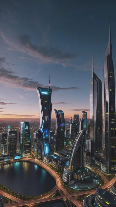 landscape of a futuristic sci-fi city, high detail, twilight, city lights, ultra-realistic, high resolution, city, modern, cinematic