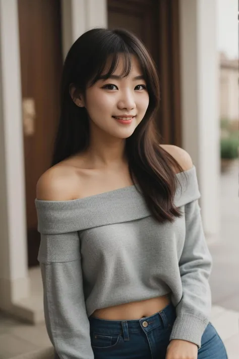 portrait photograph, woman look front, off-shoulder top, shy smile, sharp focus, soft lighting, (high detailed skin:1.1)