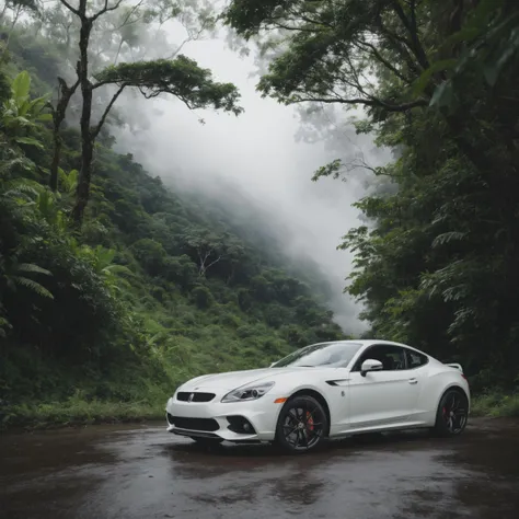 A sleek sports car with a ral-amber finish speeding through a rainforest, droplets creating a misty haze around the glistening vegetation, shot with a Canon EOS R5 for a vivid, cinematic effect <lora:ral-amber-sdxl:1>