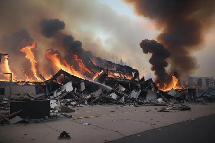 A haunting scene of a demolished cityscape, where shattered monuments and collapsed buildings stand amidst raging fires, while flocks of crows circle ominously overhead. (((demolished cityscape))) (((shattered monuments))) (((raging fires))) (((ominous circling crows))).