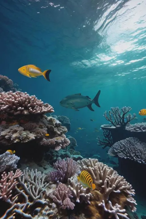 A submerged city beneath the ocean's depths, its structures adorned with bioluminescent coral, while diverse aquatic life thrives in a mesmerizing, luminescent aquatic metropolis