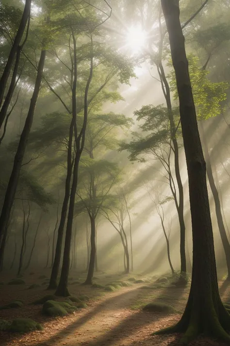 A striking portrait-style portrayal of a dense, mist-covered forest, capturing the ethereal beauty of sunlight filtering through the canopy, illuminating the rich textures of foliage and bark. (((mist-covered forest))) (((ethereal sunlight))) (((rich foliage textures))).