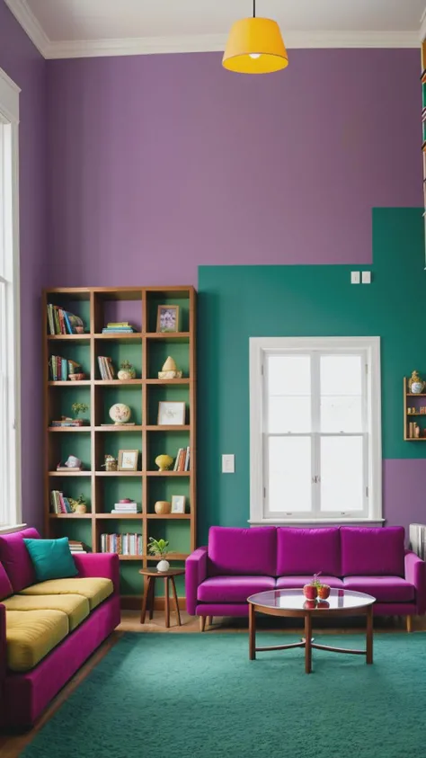 by Matt Groening,(((((Purple bookshelves)))), (((yellow radiance))) in room, (((((green couch)))), ((teal floor lamp)), side table, ((pink walls)) adorned with art, ((window)) with green landscape.