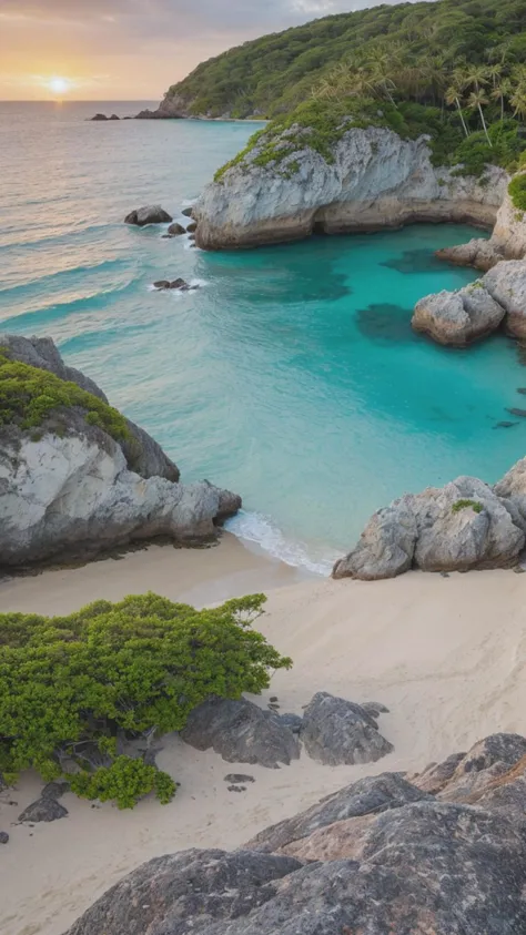 A coastal paradise featuring pristine beaches with turquoise waters, overlooked by cliffs adorned with vibrant foliage, as a breathtaking sunset casts a warm, golden hue over the scene