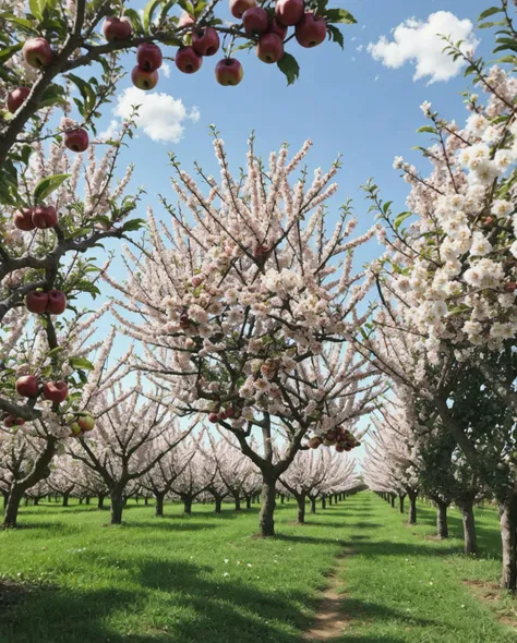 A lush village orchard, ripe fruit hanging from intricately gnarled trees, capturing the detailed beauty of nature's bounty in this tranquil rural setting (orchard tranquility:0.9, ripe fruit details:0.8, intricate foliage:0.7).