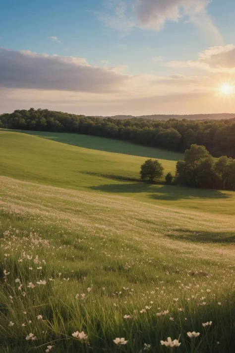 A portrait-style depiction of a serene, sun-dappled meadow, each blade of grass and wildflower rendered in intricate detail, set against a backdrop of a tranquil, pastel-colored sky. (((serene meadow))) (((sun-dappled))) (((intricate blades of grass))) (((pastel-colored sky))).
