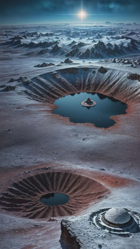 (masterpiece), (best quality), ultra sharp details, insanely realistic sci-fi art, ultra-realistic, (cold planet landscape, city in crater, sci-fi buildings:1.3), (night, glowing), clouds, sky, industrial landscape on cold planet, high-tech, night, prospect, moonlight reflection
