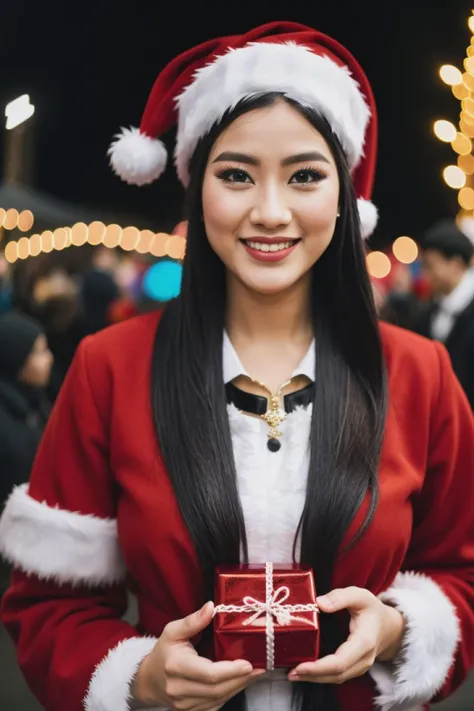 In a Christmas-themed carnival, performers trade gifts backstage, captured in vibrant colors and crisp detail by professional photographers.