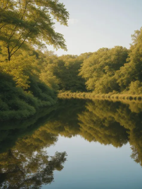 A tranquil riverside, vibrant foliage reflecting on the glassy surface, nature's artwork mirrored in still waters, photographed using a lens that captures the natural hues and intricate details of the serene scene (reflective serenity:0.9, natural beauty:0.8).