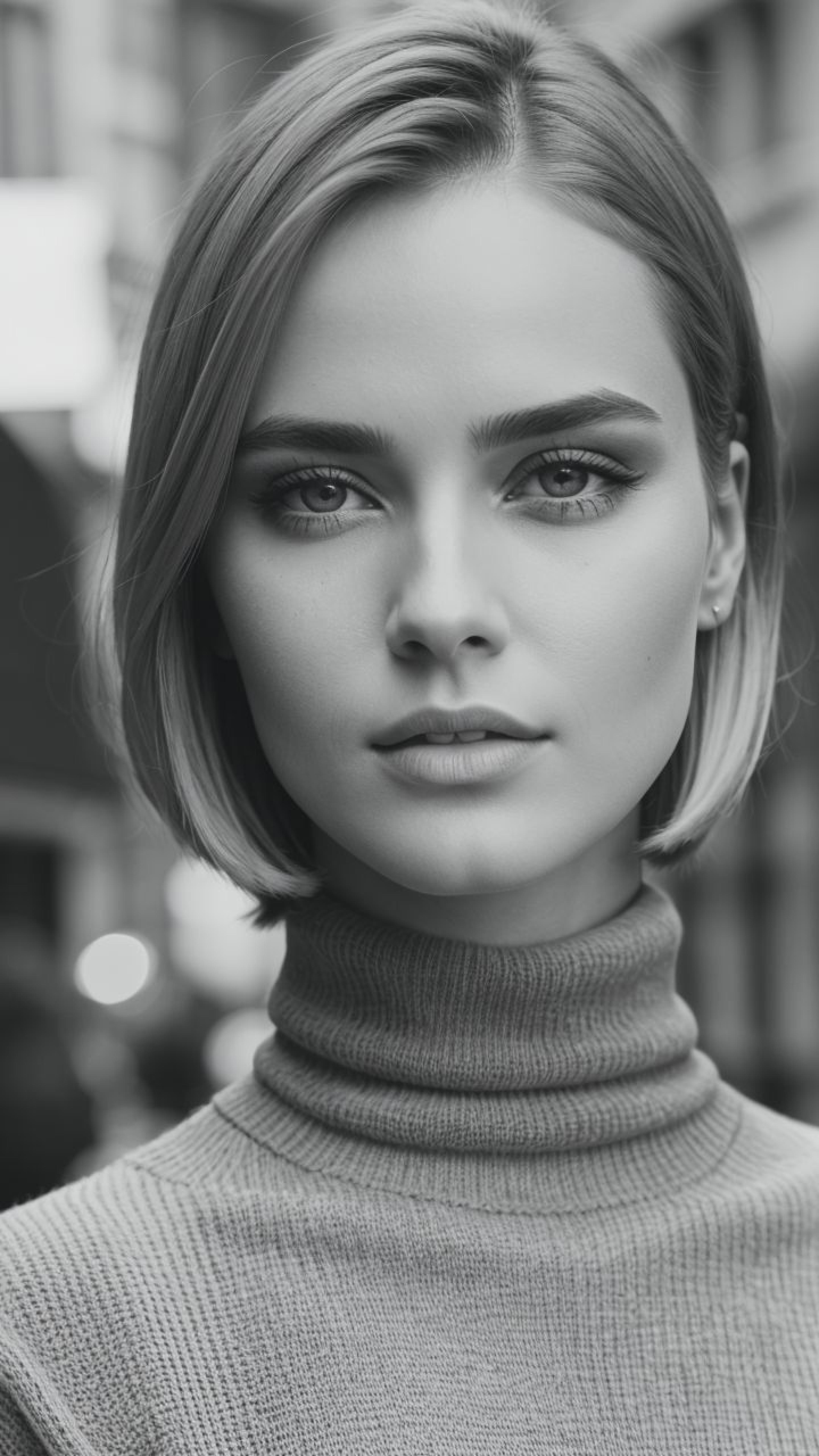 A black and white photo of a woman with a turtle neck sweater - SeaArt AI