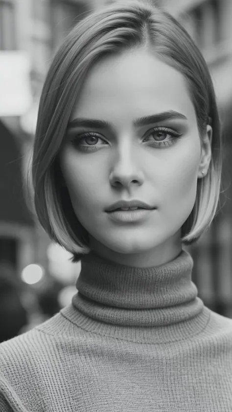 Beautiful fashion models, blonde, clear eyes, black turtleneck sweater, face view, bob haircut, portrait close up, paris street background, black and white film, photography quality, high detail, high quality.