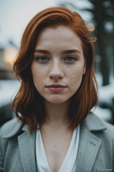 cinematic photo (art by Mathias Goeritz:0.9) , photograph, Lush Girlfriend, Tax collector, Rich ginger hair, Winter, tilt shift, Horror, specular lighting, film grain, Samsung Galaxy, F/5, (cinematic still:1.2), freckles . 35mm photograph, film, bokeh, professional, 4k, highly detailed, detailed eyes, (hydrocolor lens, detailed iris)