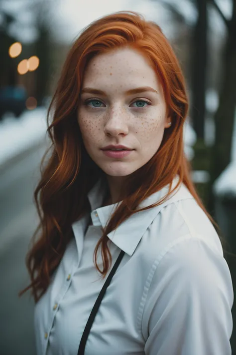 cinematic photo (art by Mathias Goeritz:0.9) , photograph, Lush Girlfriend, Tax collector, Rich ginger hair, Winter, tilt shift, Horror, specular lighting, film grain, Samsung Galaxy, F/5, (cinematic still:1.2), freckles . 35mm photograph, film, bokeh, professional, 4k, highly detailed, detailed eyes, (hydrocolor lens, detailed iris)