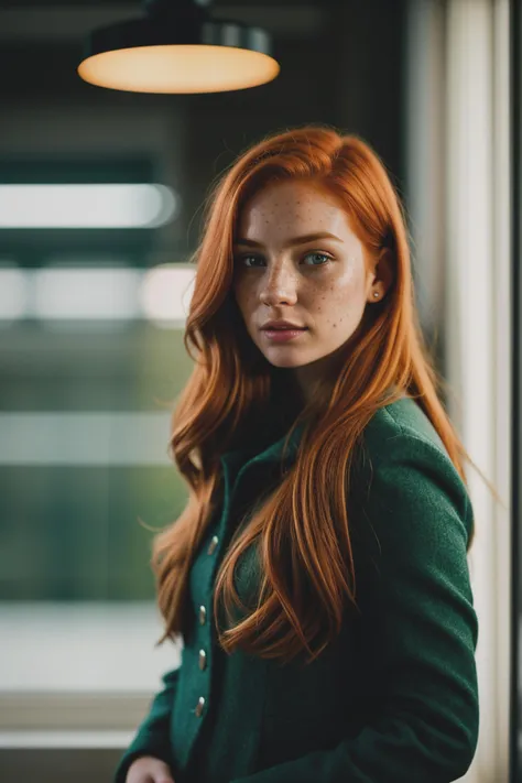 cinematic photo (art by Mathias Goeritz:0.9) , photograph, Lush Girlfriend, Tax collector, Rich ginger hair, Winter, tilt shift, Horror, specular lighting, film grain, Samsung Galaxy, F/5, (cinematic still:1.2), freckles . 35mm photograph, film, bokeh, professional, 4k, highly detailed, detailed eyes, (hydrocolor lens, detailed iris)