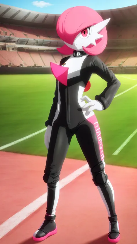 race track,outdoors,raod,stadium,(depth of field:0.65),masterpiece,best_quality,female focus,game freak,pokemon \(creature\),pokemon\game\,<lora:gardevoir_V2:1>,multicolored skin,short hair,gardevoir,flat chest,1girl,solo,(pink hair),nintendo,pokemon,bangs,colored skin,gen 3 pokemon,hair over one eye,two-tone skin,white skin,(gardevoir wearing a black and pink racing suit:1.2),