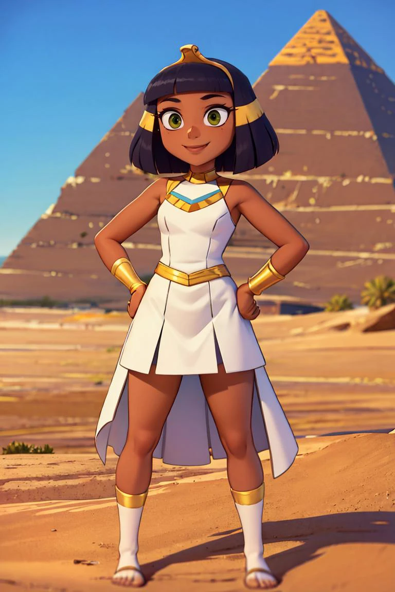 <lora:twistedscarlett60_style:0.8>,((masterpiece, best quality)), <lora:CleopatraLora-10:0.7>, dark skin, Cleopatra, white dress, smile, tiara, desert, pyramid \(structure\), contrapposto