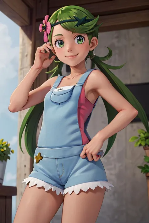 ((masterpiece,best quality)), absurdres, <lora:Mallow-10:0.8>, mallow, pink shirt, grey shorts, grey overalls, smile, trial badge, hairband, hair flower, green eyes, solo, smiling, looking at viewer, cowboy shot, cinematic composition,