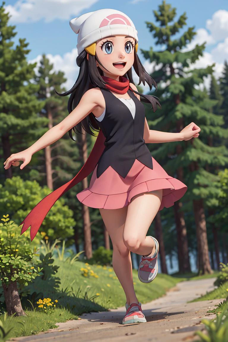 ((masterpiece, best quality)), <lora:DawnLora:0.7>, dawn \(pokemon\), black shirt, sleeveless, red scarf, pink skirt, white headwear, beanie, smile, forest, pine tree,
