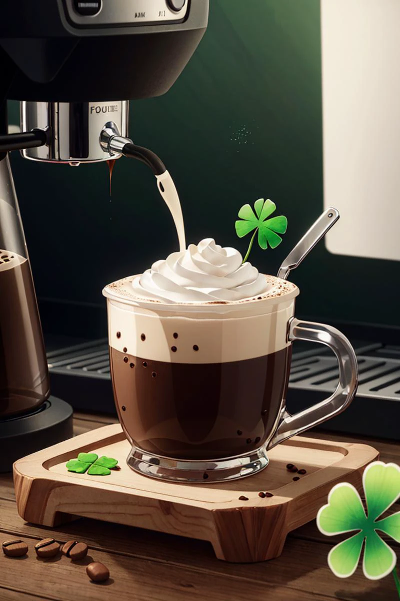 ((masterpiece,best quality)), <lora:ShamrockWorld-10:0.8>, ShamrockWorld, clover, four-leaf clover, light particles, scifi, tasty details, coffee machine,