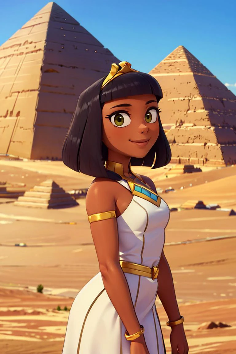 <lora:twistedscarlett60_style:0.8>,((masterpiece, best quality)), <lora:CleopatraLora-10:0.7>, dark skin, Cleopatra, white dress, smile, tiara, desert, pyramid \(structure\), contrapposto, side view,