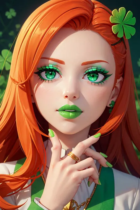 ((masterpiece, best quality)),  <lora:ShamrockWorld-10:0.8>, ShamrockWorld,  clover, four-leaf clover, light particles,  1girl, solo, long hair, looking at viewer, jewelry, green eyes, orange hair, fingernails, makeup, ring, lipstick, portrait, eyeshadow, spot color, green nails, green theme, green lips