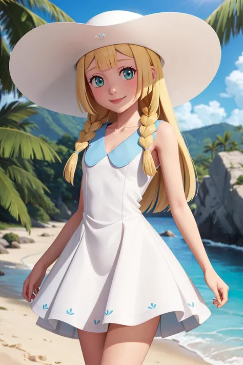 masterpiece, best quality, highres, aalillie, long hair, braid, sun hat, white headwear, collarbone, sleeveless dress, white dress, <lora:lillie_(pokemon)_v1:0.7>, smile, outdoors, tropical beach, cowboy shot