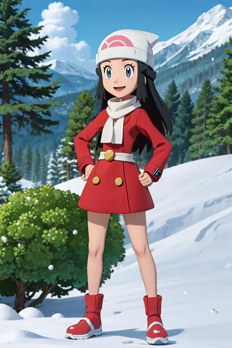 <lora:Alola_Style:0.5>,((masterpiece, best quality)),   <lora:DawnLora:0.7>, dawn \(pokemon\), forest, pine tree, snow, red coat, white headwear, white scarf, beanie, smile, hand on hip, contrapposto