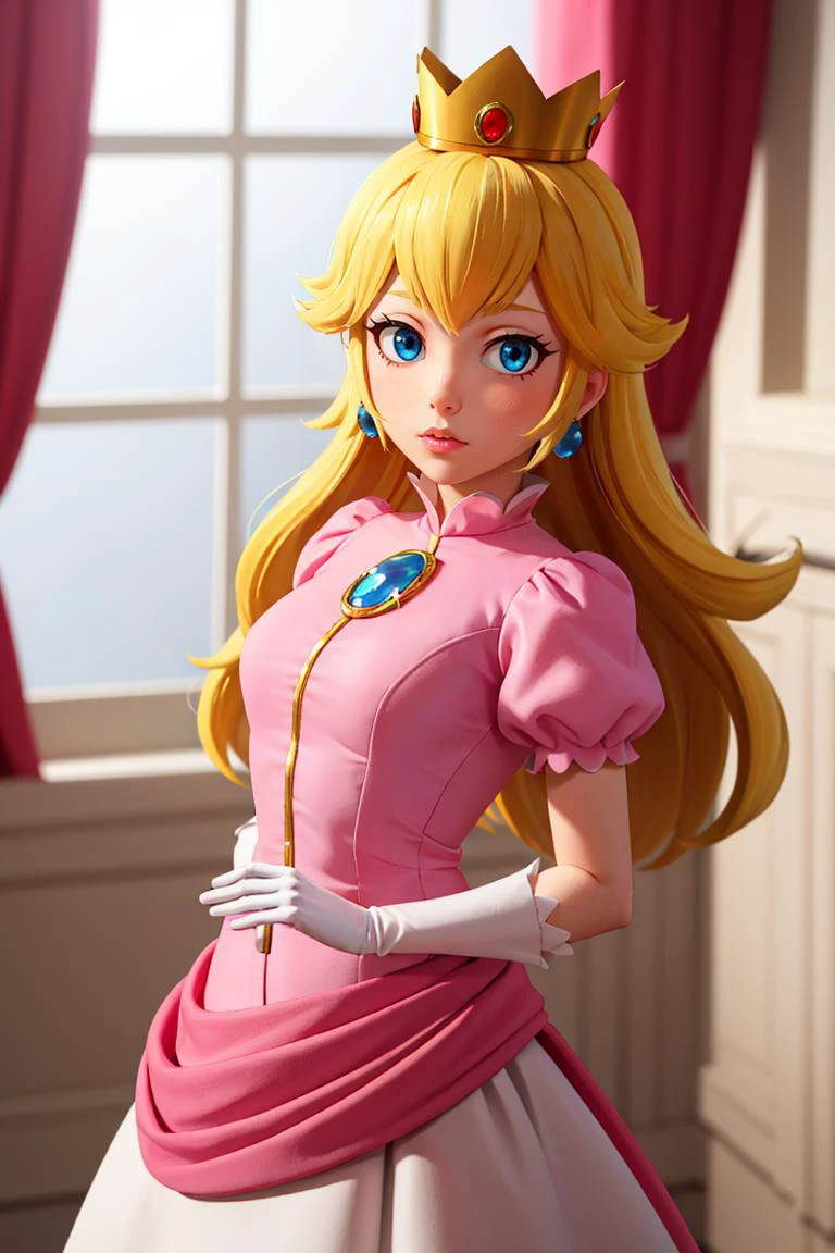 (masterpiece, best quality), 1girl, <lora:princesspeach-lora-nochekaiser:1> princess peach, blonde hair, blue eyes, long hair, crown, dress, gem, gloves, pink dress, puffy short sleeves, puffy sleeves, short sleeves, white gloves,