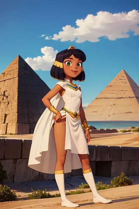 ((masterpiece, best quality)), <lora:CleopatraLora-10:0.7>, dark skin, Cleopatra, white dress, smile, tiara, desert, pyramid \(structure\), contrapposto, side view,