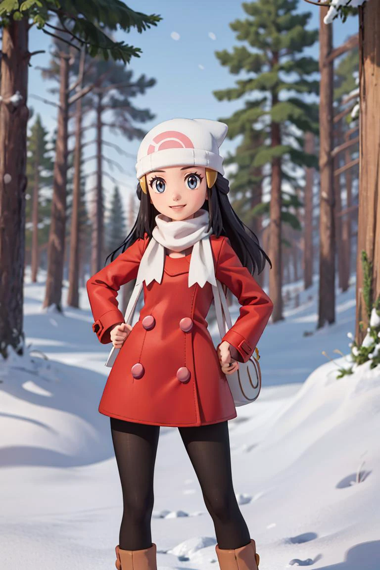 ((masterpiece, best quality)), <lora:DawnLora:0.7>, dawn \(pokemon\), forest, pine tree, snow, red coat, white headwear, white scarf, beanie, smile, hand on hip, contrapposto