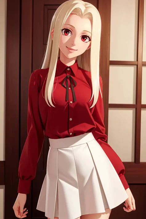 ((masterpiece,best quality)), absurdres, <lora:Irisviel_von_Einzbern_Combined:0.7>, Irisviel_von_Einzbern, red shirt, white skirt, solo, smiling, looking at viewer, cowboy shot,