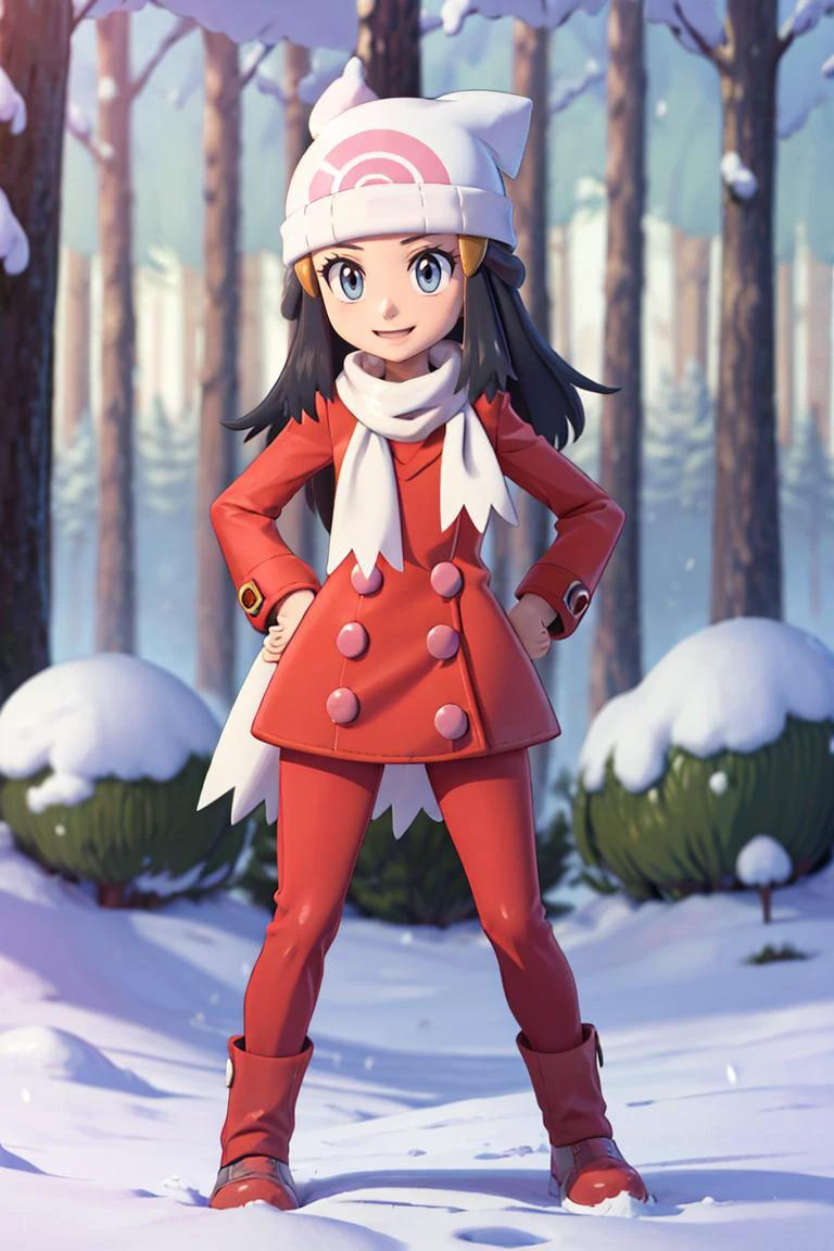 <lora:twistedscarlett60_style:0.8>,((masterpiece, best quality)), <lora:DawnLora:0.7>, dawn \(pokemon\), forest, pine tree, snow, red coat, white headwear, white scarf, beanie, smile, hand on hip, contrapposto