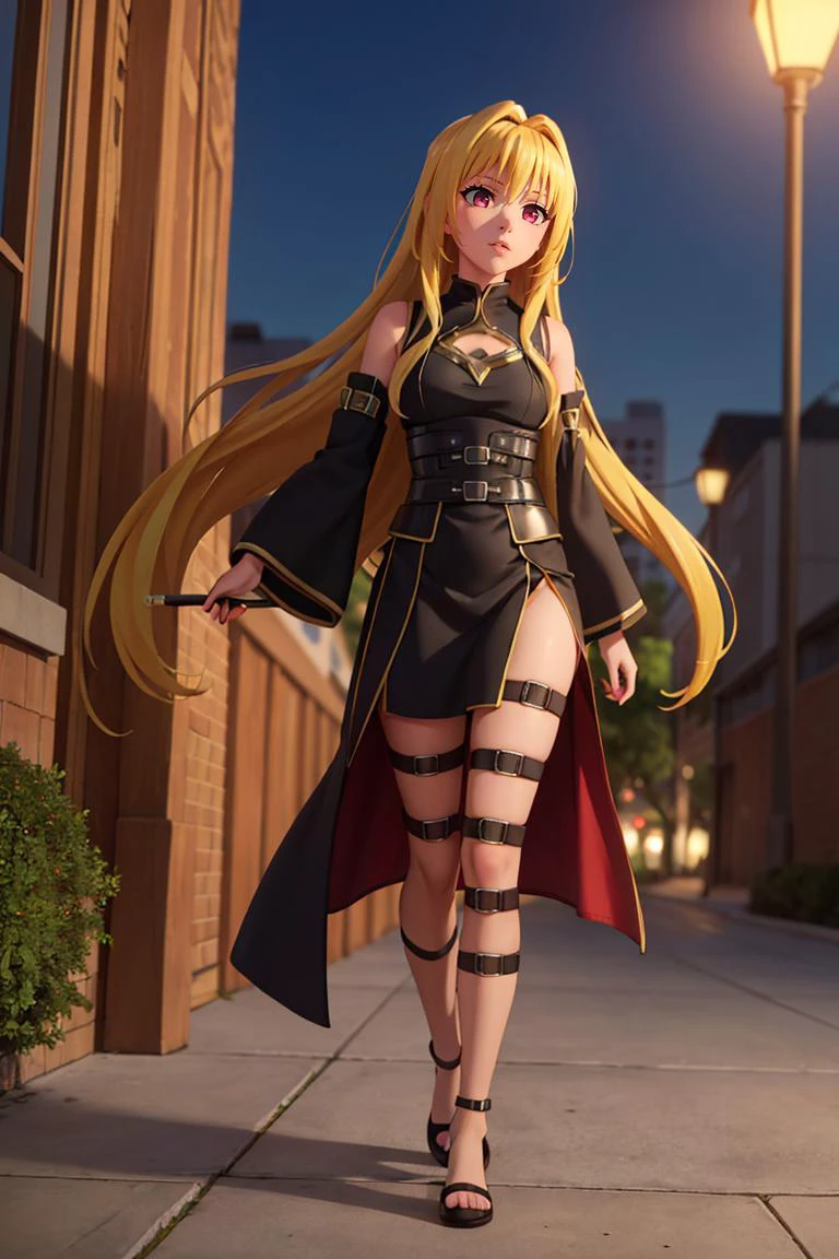((masterpiece,best quality)), absurdres, (finely detailed beautiful eyes: 1.2), phyami, yaminor, 1girl, solo, blonde hair, long hair, red eyes, thigh strap, very long hair, detached sleeves, black dress, <lora:yami-v1:1.0>,