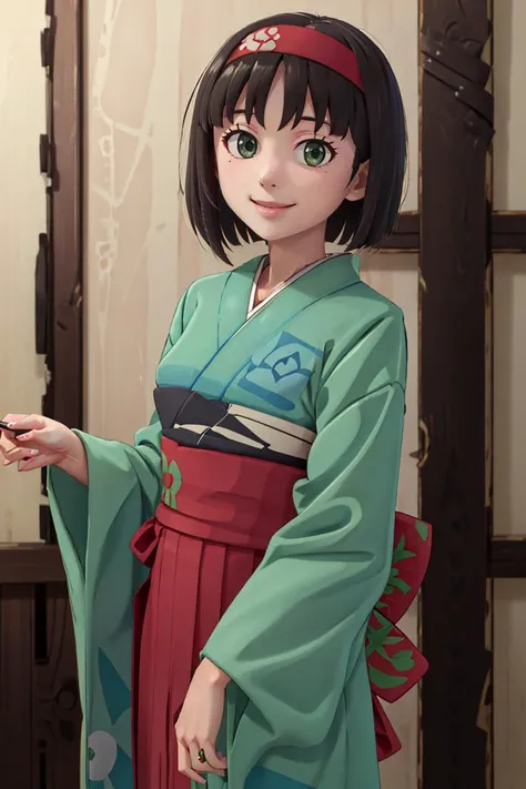 ((masterpiece,best quality)), absurdres, <lora:Erika_Pokemon_Anime_Dim32:0.8>, Erika_Pokemon, green eyes, short black hair, kimono, hakama, red hairband, solo, smiling, looking at viewer, cowboy shot,