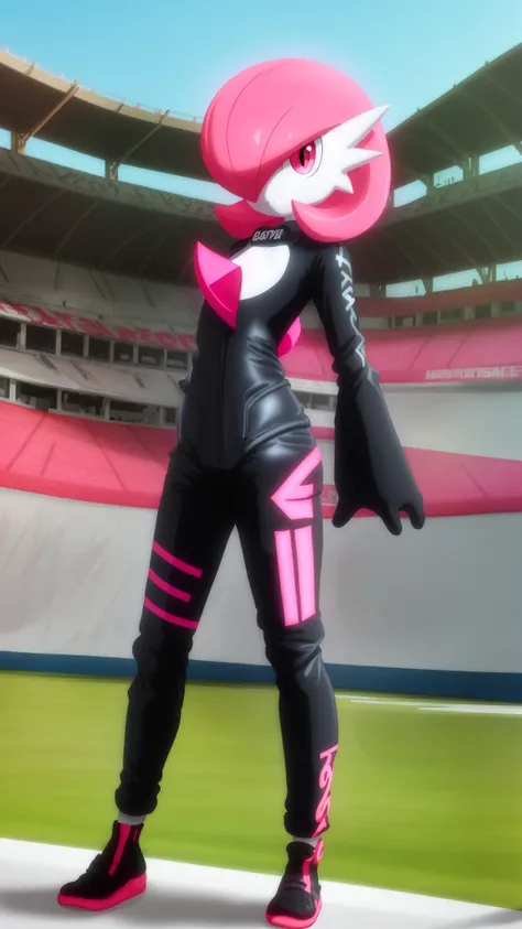 race track,outdoors,raod,stadium,(depth of field:0.65),masterpiece,best_quality,female focus,game freak,pokemon \(creature\),pokemon\game\,<lora:gardevoir_V2:1>,multicolored skin,short hair,gardevoir,flat chest,1girl,solo,(pink hair),nintendo,pokemon,bangs,colored skin,gen 3 pokemon,hair over one eye,two-tone skin,white skin,(gardevoir wearing a black and pink racing suit:1.2),