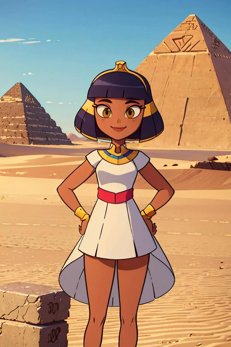 <lora:Diives_Style:0.8>,((masterpiece, best quality)), <lora:CleopatraLora-10:0.7>, dark skin, Cleopatra, white dress, smile, tiara, desert, pyramid \(structure\), contrapposto