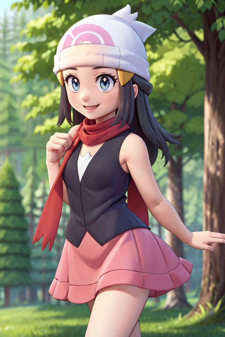 <lora:twistedscarlett60_style:0.8>,((masterpiece, best quality)), <lora:DawnLora:0.7>, dawn \(pokemon\), black shirt, sleeveless, red scarf, pink skirt, white headwear, beanie, smile, forest, pine tree,