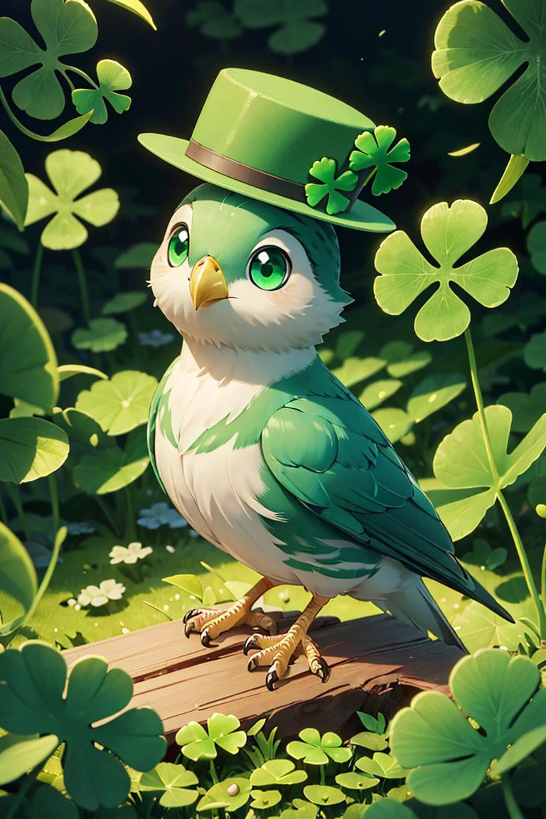 ((masterpiece, best quality)), <lora:ShamrockWorld-10:0.8>, ShamrockWorld, clover, four-leaf clover, light particles, green top hat, looking at viewer, hat, green eyes, no humans, bird, animal, animal focus, green theme, clover, four-leaf clover