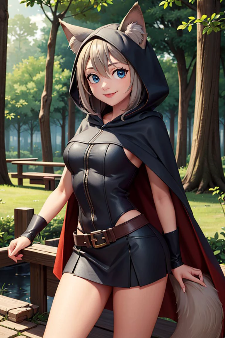 ((masterpiece,best quality)), absurdres, <lora:Ira_AFK:0.7>, Ira_AFK, cape, fox tail, hood up, mini skirt, smiling, solo, smiling, looking at viewer, cowboy shot, forest in background, ,