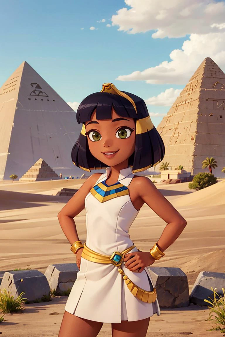 ((masterpiece, best quality)), <lora:CleopatraLora-10:0.7>, dark skin, Cleopatra, white dress, smile, tiara, desert, pyramid \(structure\), contrapposto