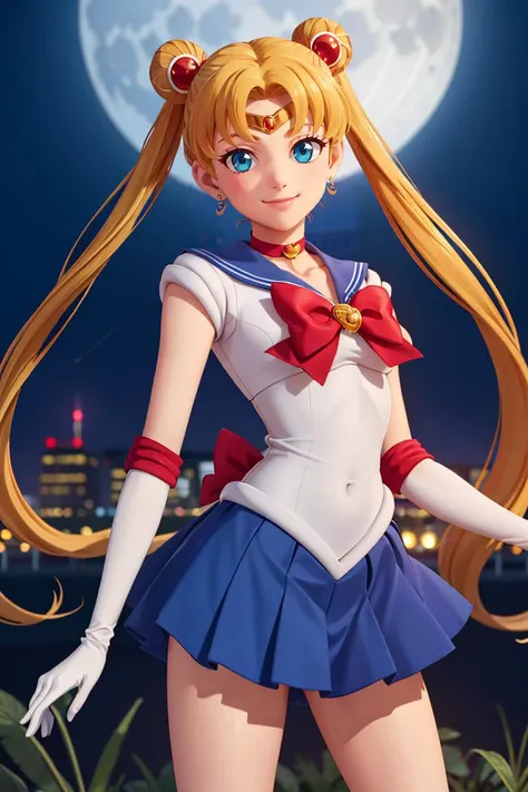 masterpiece, best quality, highres, 1girl, aausagi, double bun, twintails, parted bangs, circlet, jewelry, earrings, choker, red bow, white gloves, elbow gloves, blue skirt, <lora:sailor_moon_v1:0.7>, standing, cowboy shot, night, outdoors, moon, smile